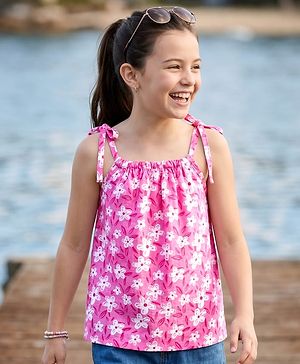 Pine Kids 100% Cotton Knit Sleeveless Floral Printed Top - Pink