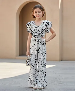 Cutiekins Woven Half Sleeves Frill Detailed
                      Polka Dots Printed Jumpsuit - White & Black