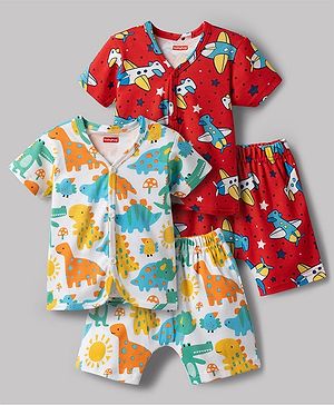 Babyhug Cotton Knit Half Sleeves T-Shirts & Shorts Co-ord Night Suits with Plane & Dino Print Pack of 2 - Multicolor