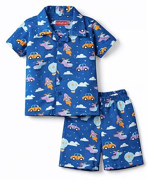 Babyhug Cotton Knit Full Sleeves Shirt & Shorts Co-ord Night Suit With Vehicle Print - Blue