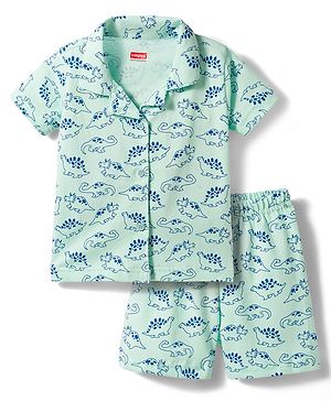 Babyhug Cotton Knit Half Sleeves Shirt & Shorts Co-ord Night Suit with Dino Print - Light Blue