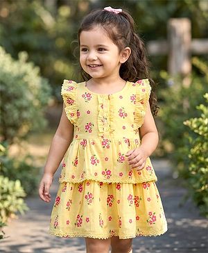 Babyhug Cotton Woven Frill Sleeves Frock with Floral Print - Cream