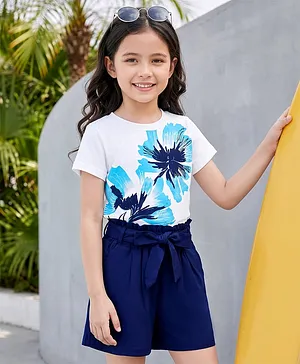 OLLINGTON ST. Cotton Knit Half
                              Sleeves Top With Print & Shorts Set -
                              White & Blue