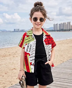 Ollington St. Girls Cotton Knit Half
                              Sleeves Printed Shirt Top With Inner Tee
                              & Shorts - Multicolour & Black