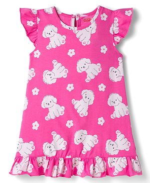Babyhug Cotton Knit Frill Sleeves Nighty with Puppy Print - Pink