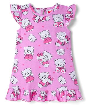 Babyhug Cotton Knit Frill Sleeves Nighty with Kitty Print - Pink
