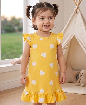 Babyhug Cotton Knit Half Sleeves Nighty With Polka Dot Print - Yellow