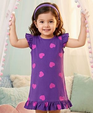 Babyhug Cotton Knit Half Sleeves Hearts Printed Nighty - Purple