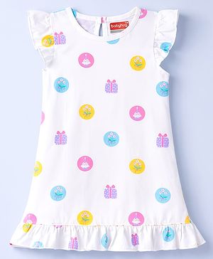Babyhug Cotton Knit Half Sleeves Nighty With Floral & Gift Print - White