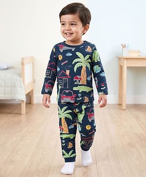 Babyhug Cotton Knit Full Sleeves Co-ords T-Shirt & Pajama Night Suit with Jungle Theme Print - Navy Blue