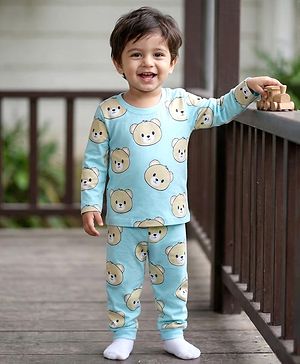 Babyhug Cotton Knit Full Sleeves Co-ords T-Shirt & Pajama Night Suit with Bear Print - Light Blue