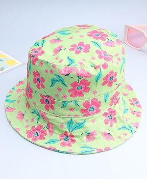 Babyhug Cotton Woven Summer Hat With Floral Print Green - Diameter 14 cm