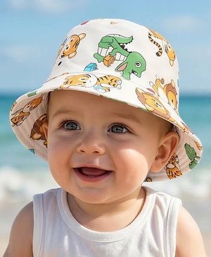 Babyhug Cotton Woven Summer Hat With Animal Print White - Diameter 14 cm