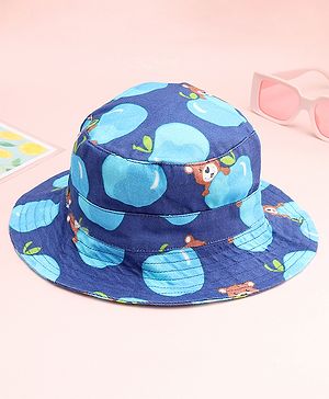 Babyhug Cotton Woven Summer Hat With Teddy Bear Print Navy Blue - Diameter 16 cm