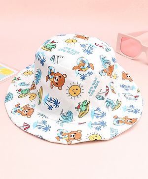 Babyhug Cotton Woven Summer Hat With Animal Print White - Diameter 14 cm