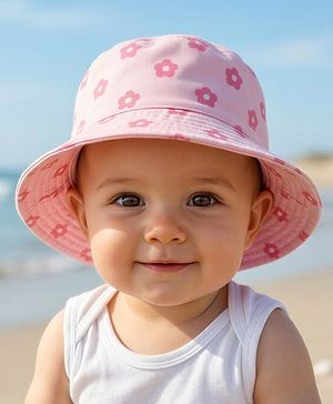 Babyhug Cotton Woven Summer Hat With Floral Print Pink - Diameter 14 cm