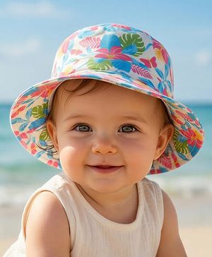 Babyhug Cotton Woven Summer Hat With Floral Print White - Diameter 16 cm