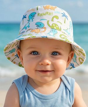 Babyhug Cotton Woven Summer Hat With Dino Print White - Diameter 16 cm