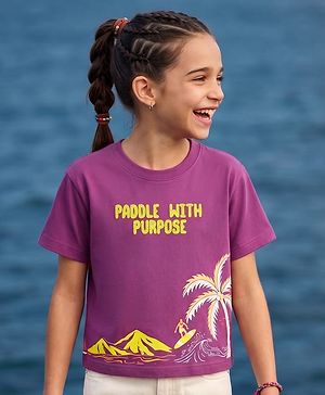 Pine Kids Cotton Knit Half Sleeves T-Shirt with Beach Print - Purple