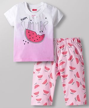 Babyhug Cotton Knit Half Sleeves T-Shirt & Capri Night Suit With Watermelon Print - Pink