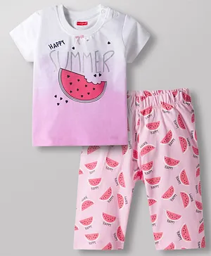 Babyhug Cotton Knit Half Sleeves
                              T-Shirt & Capri Night Suit With
                              Watermelon Print - Pink