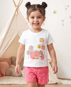 Babyhug Cotton Knit Half Sleeves T-Shirt & Shorts Night Suit with Floral & Snail Print - White