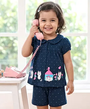 Babyhug Cotton Knit Half Sleeves
                              Shirt & Shorts Night Suit with Cat
                              Print - Navy Blue