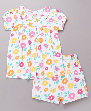 Babyhug Cotton Knit Half Sleeves Top & Shorts Co-ord Night Suit with Floral Print - Multicolor