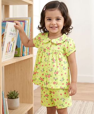 Babyhug Cotton Knit Half Sleeves Top & Shorts Co-ord Night Suit with Floral Print - Green