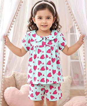 Babyhug Cotton Knit Half Sleeves Top & Shorts Co-ord Night Suit with Heart Print - Blue