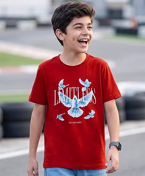 Pine Kids Cotton Knit T-Shirt Graphic Print Round Neck Half Sleeves Red 5-6 Years