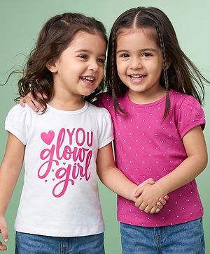 Babyhug 100% Cotton Knit Half Sleeves T-Shirts With Text & Polka Dots Print Pack of 2 - Multicolor