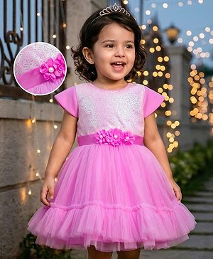 Babyhug Mesh Woven Half Sleeves Fit & Flared Tiered Party Frock with Sequin & Corsage Detailing- Lavender
