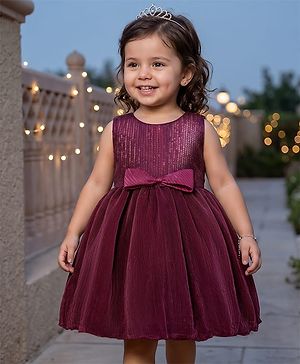 Babyhug Mesh Woven Sleeveless Sequinned Party Wear Frock With Bow Applique - Wine