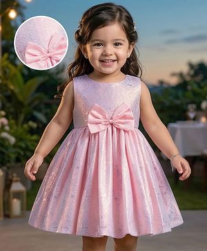 Babyhug Mesh Woven Sleeveless Shimmer Party Dress With Bow Applique - Pink