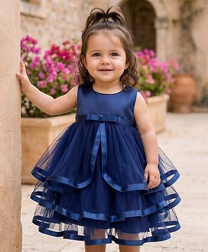 Babyhug Mesh Woven Sleeveless Solid Party Dress With Bow Applique - Navy Blue