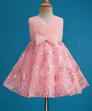 Babyhug Mesh Woven Sleeveless Fit & Flare Party Dress with Bow Applique & Sequin Detailing - Peach