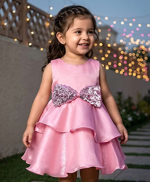 Babyhug Tussar Woven Sleeveless Party Dress With Heavy Sequins Bow Detailing - Pink