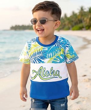 Babyhug Cotton Knit Half Sleeves T-Shirt With Aloha Print - Multicolor