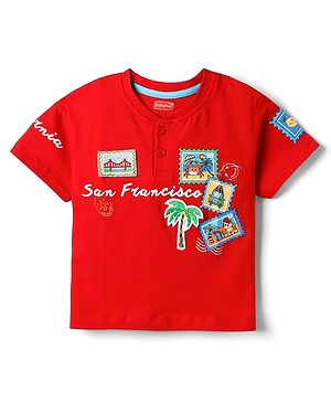 Babyhug Cotton Knit Half Sleeves T-Shirt With Print & Patch Detailing - Multicolor