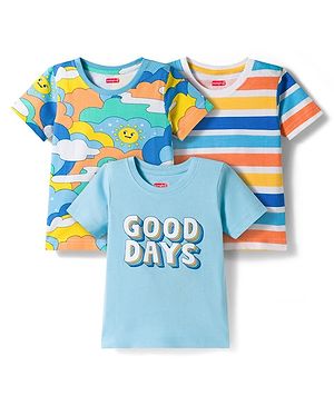 Babyhug Cotton Knit Half Sleeves Striped Text & Sun Printed T-Shirts Pack of 3 - Blue  & White