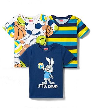 Babyhug Cotton Knit Half Sleeves Striped Ball & Bunny Printed T-Shirts Pack of 3 - Blue White & Yellow