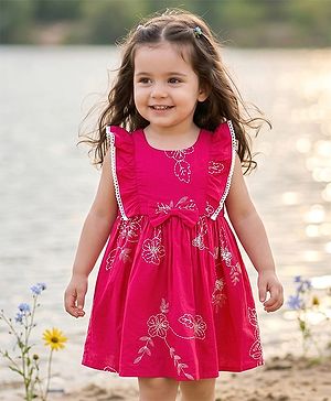 Babyhug Schiffili Woven Frill Sleeves Frock with Floral Embroidery & Bow Applique - Dark Pink