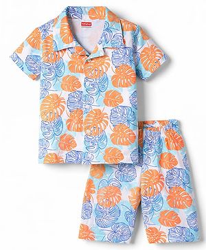Babyhug Cotton Knit Half Sleeves Co-Ord Shirt & Shorts Night-Suit With Leaf Print - Multicolor