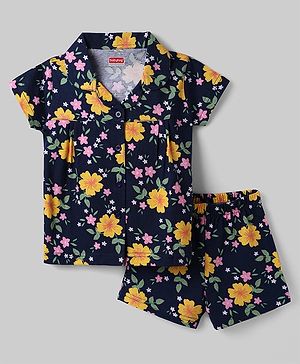 Babyhug Cotton Knit Half Sleeves Co-Ord Top & Shorts Night-Suit With Floral Print - Navy Blue