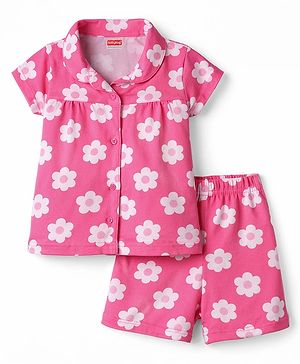 Babyhug Cotton Knit Half Sleeves Co-Ord Top & Shorts Night-Suit With Floral Print - Pink