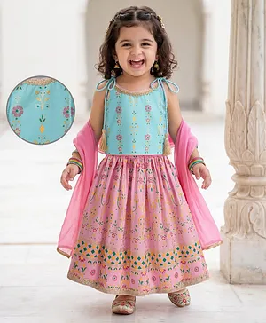 EARTHY TOUCH 100% Cotton Knit
                              Sleeveless Floral Printed Choli Lehenega
                              Set With Dupatta - Light Blue