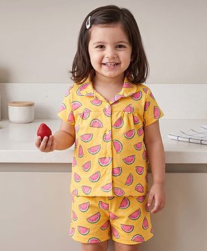 Babyhug Cotton Knit Half Sleeves Co-Ord Top & Shorts Night-Suit With Watermelon Print - Multicolor
