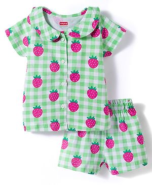 Babyhug Cotton Knit Half Sleeves Top & Shorts Co-ord Night Suit With Strawberry Print - Green