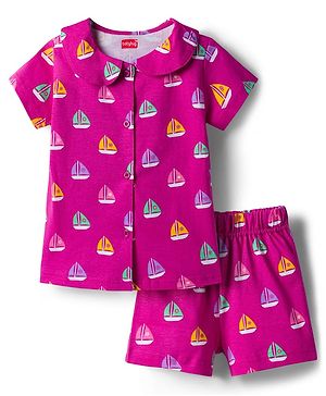 Babyhug Cotton Knit Full Sleeves Top & Shorts Co-ord Night Suit With Boat Print - Dark Pink